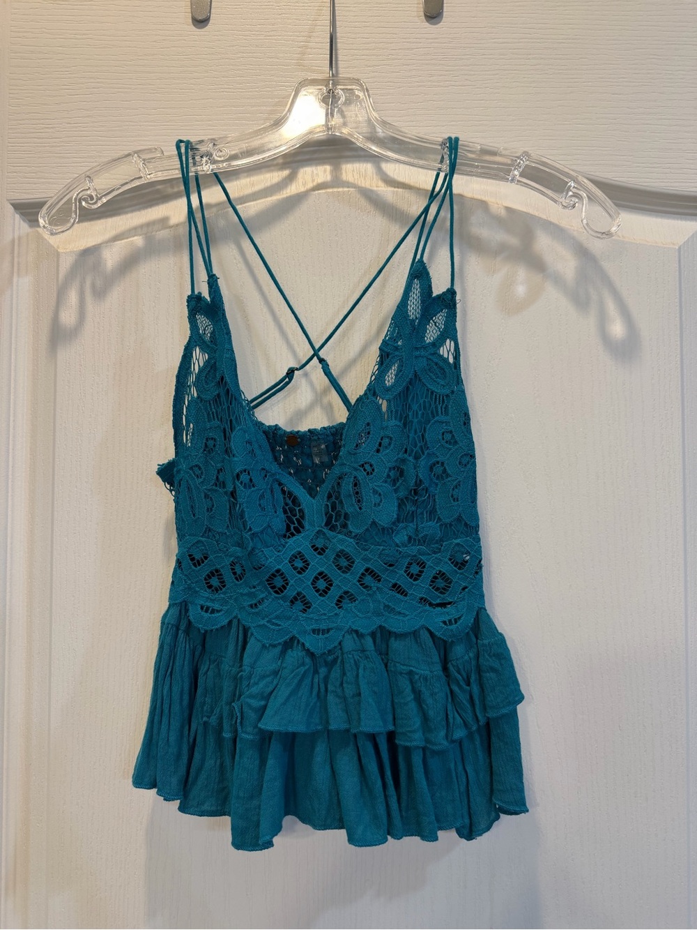 Free People Teal Lace Tiered Ruffle Tank Top